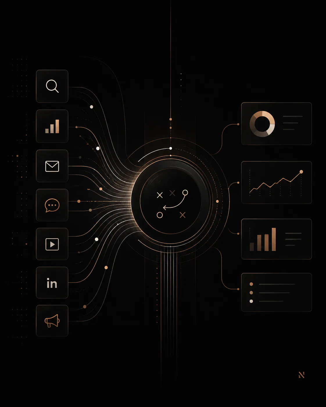 AI marketing strategy system connecting channels, campaigns, and analytics
