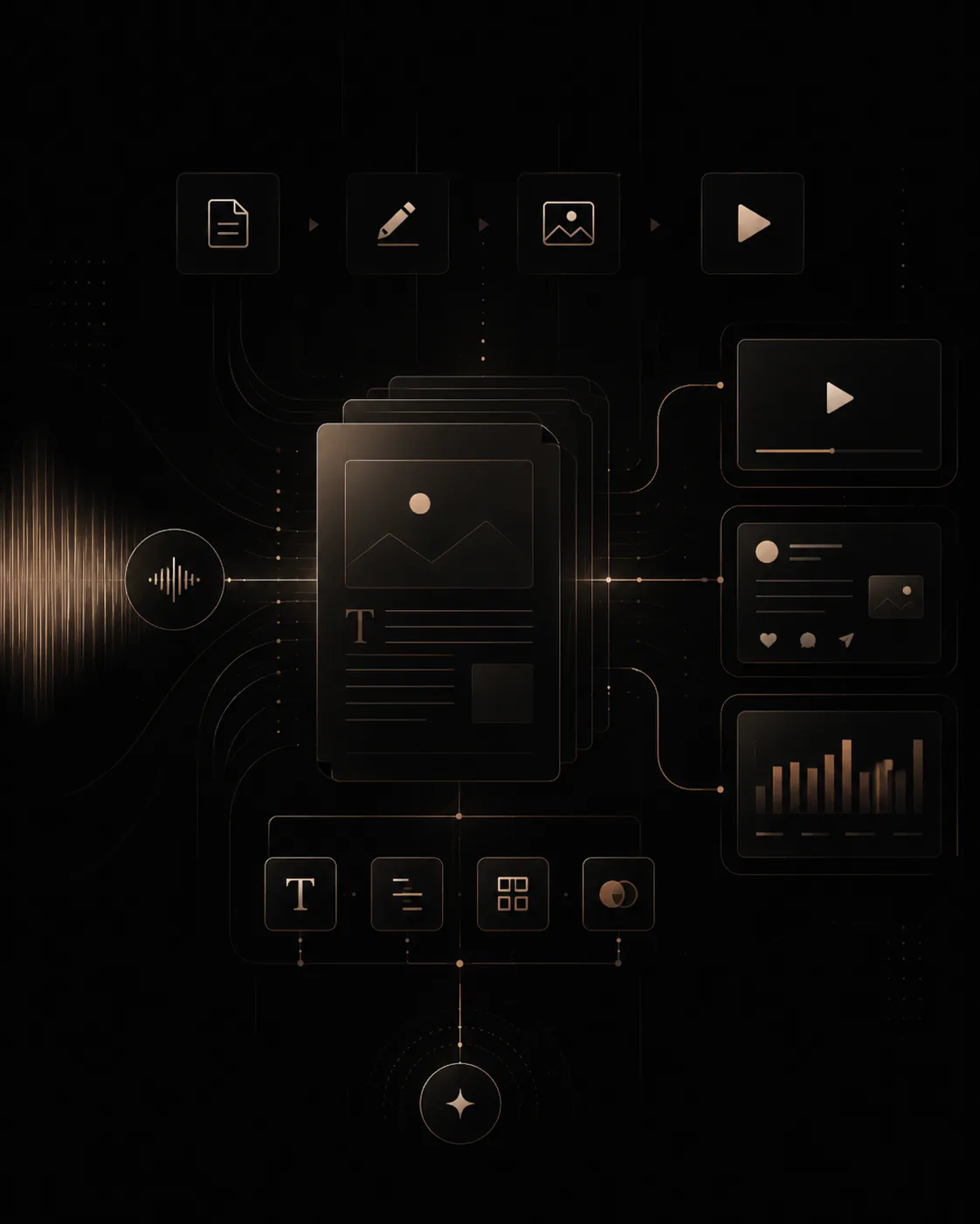 AI content creation workflow connecting writing, images, audio, video, and analytics