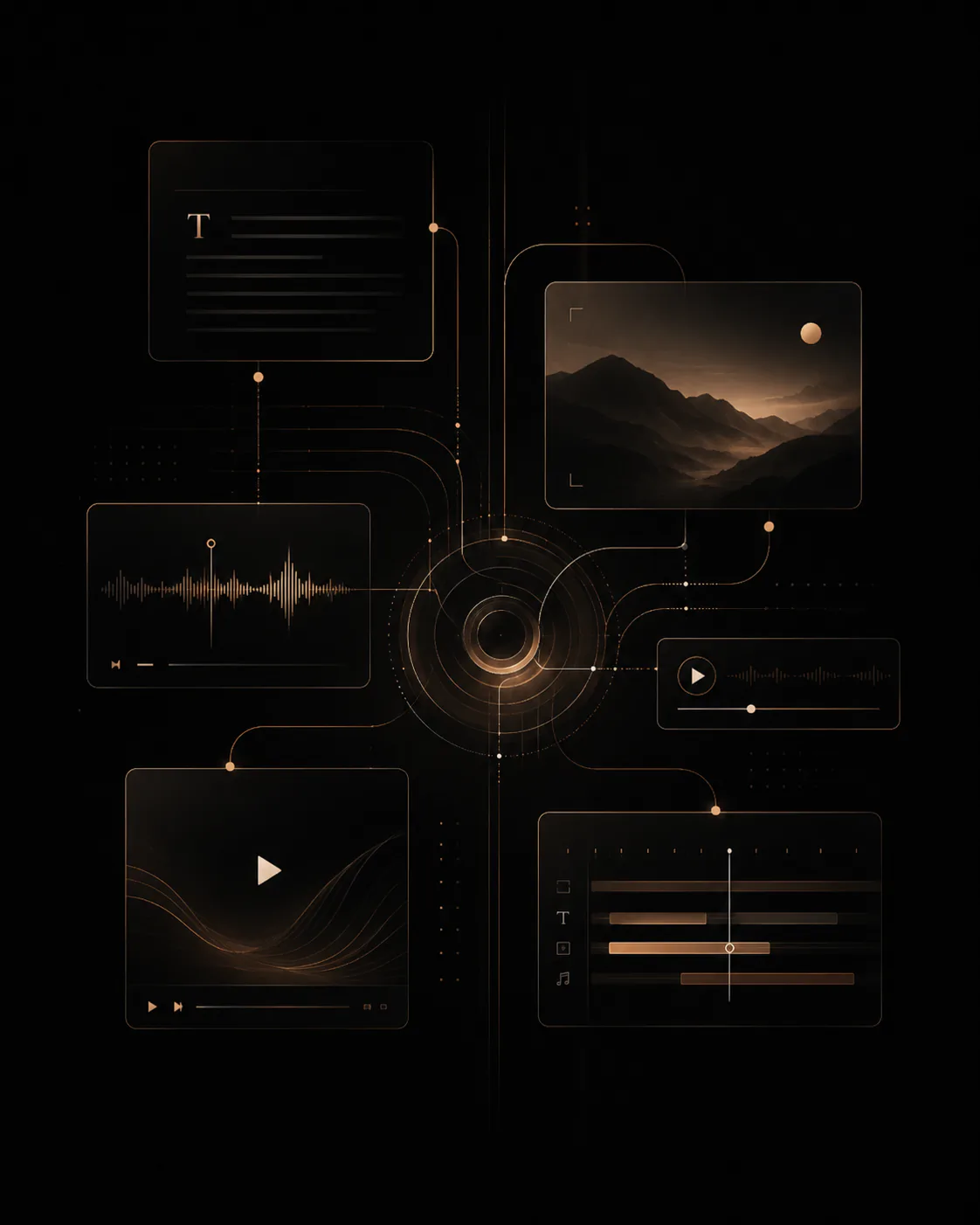 AI media strategy system connecting text, images, audio, video, and editing tools