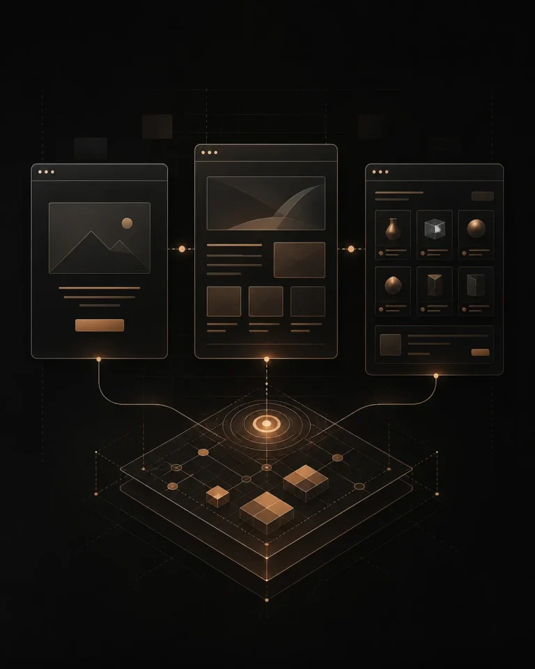 Website project scopes represented by connected interface frames and planning modules