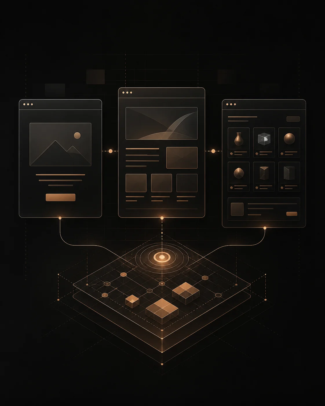 Website project scopes represented by connected interface frames and planning modules